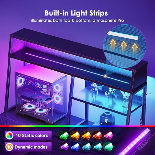 AODK L Shaped Gaming Desk with Led Lights, 59 Inch Reversible Gaming Computer Desk with Display Shelves, PC Gamer Desk Gamer Table with Storage Bag, L Desk for Game, Black AODK