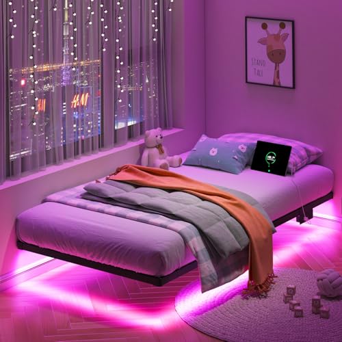 HAVONIZD Floating Bed Frame Twin with LED Lights and Charging Station - 8 inch Platform Bed Frame No Box Spring Needed, Easy Assembly HAVONIZD