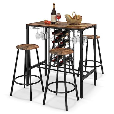 COSTWAY 5-Piece Bar Height Dining Set, 4-Person Table and Stools with Wine Racks & Glass Holders, Kitchen Breakfast Set for Home, Coffee Shop, Rustic Brown & Black