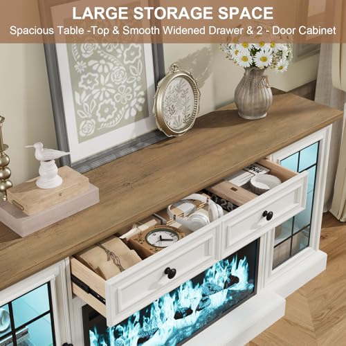 RNLRNL Fireplace TV Stand Up to 80" TVs, 70'' Modern Entertainment Center with 36" Electric Fireplace & LED Lights, Farmhouse Media Console with Storage Cabinet & Drawer for Living Room, Antique White RNLRNL