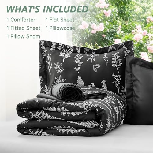 MUXHOMO Black Bed in a Bag Queen 7 Pieces, Queen Comforter Set Reversible Botanical Flowers Design, Ultra Soft & Breathable Bedding Sets with Comforter, Sheets, Pillowcases & Shams MUXHOMO