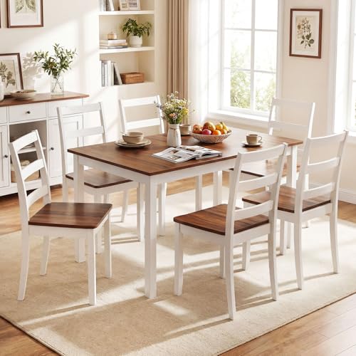 Giantex 7-Piece Dining Table Set for 6, Rectangular 60-inches Kitchen Table and 6 Dining Chairs with Rubber Wood Legs, Protective Foot Pads, Farmhouse Dinette Set for Dining Room, Restaurant (Brown) Giantex
