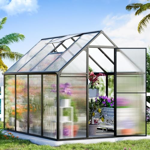 Polycarbonate Greenhouse, 8.2x6.2 FT Easy Assembly Aluminum Heavy Duty Greenhouses for Outdoors w/ Window, Swing Door, Walk-in Green House for Sunroom,Outside, Backyard, Garden, Black CDCASA