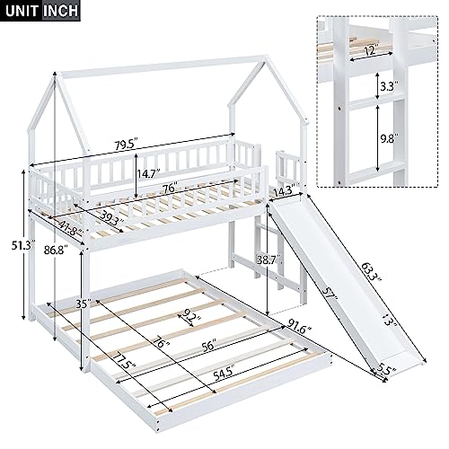 SOFTSEA House Bunk Bed with Slide, Twin Over Full Wooden Bunk Bed Frame with Full-Length Guardrail and Built-in Ladder, for Bedroom, No Box Spring Needed, White SOFTSEA