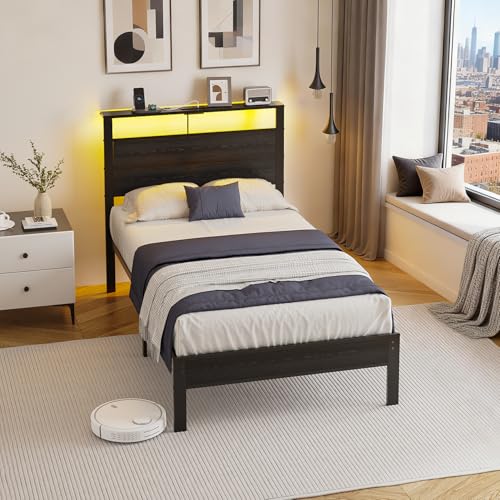 Kbun Twin Bed Frame with LED Lights & USB Charging Station, Black Metal Platform Bed with Storage Headboard, Under-Bed Space, Noise-Free & Sturdy, No Box Spring Needed, Easy Assembly Kbun