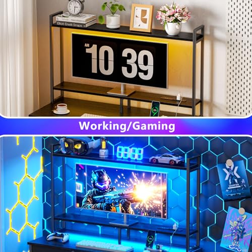 Korfile Computer Gaming Desk with Hutch, Home Office Desk with Power Outlets, LED Light, 5 Storage Drawers, 2 Tiers Shelves for Display, 39 Inch Modern Study Writing Table for Bedroom, Black Korfile