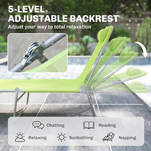 Outsunny Folding Chaise Lounge Pool Chairs, Outdoor Sun Tanning Chairs with Pillow, Reclining Back, Steel Frame & Breathable Mesh for Beach, Yard, Patio, Green