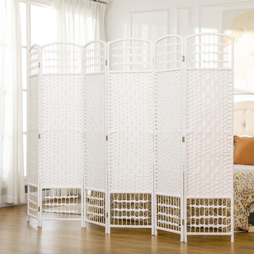 HOMCOM 6 Panel Room Divider, Folding Privacy Screen, 5.6' Room Separator, Wave Fiber Freestanding Partition Wall Divider, White HOMCOM