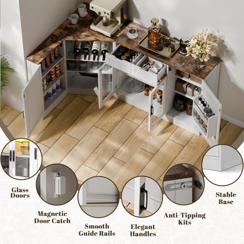L-Shaped Kitchen Buffet Storage Cabinet - Corner White Sideboards and Buffets with Storage Drawer & Door, 65'' Long Farmhouse Coffee Bar with LED & Wine Rack, Dining Room Islands for Kitchen (White) Gyfimoie