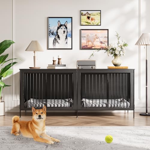 Garvee XL Dog Crate Furniture for 2 Dogs, Heavy Duty Double Dog Crates for Medium/Large Dogs, Dog Kennel Furniture Indoor As TV Stand, Extra Large 78.74" w, Rustic Black Garvee