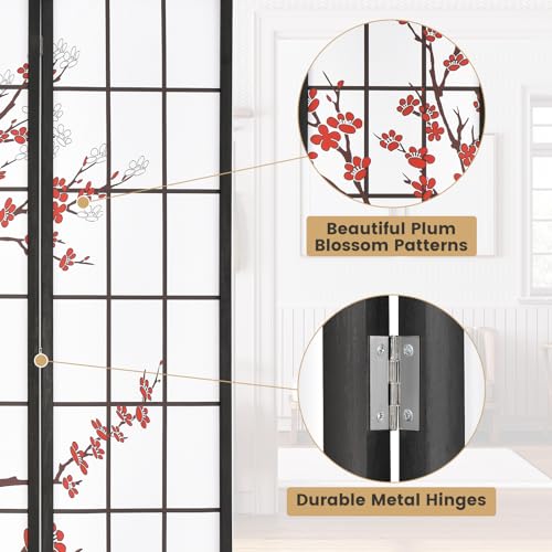 GOFLAME Japanese Style 4 Panel Room Divider, 6ft Folding Shoji Screen Room Partition with Plum Blossom Design, Solid Wood Frame, Freestanding Wall Divider, Indoor Room Separator for Home Office GOFLAME