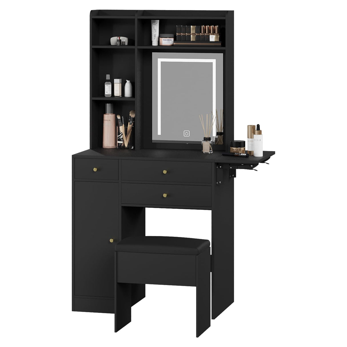ARTETHYS Vanity Desk with Mirror and Lights Black Vanity Set with Storage Chair Dressing Table with Drawer Makeup Desk with Fold-up Panel for Bedroom ARTETHYS