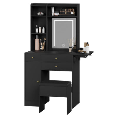 ARTETHYS Vanity Desk with Mirror and Lights Black Vanity Set with Storage Chair Dressing Table with Drawer Makeup Desk with Fold-up Panel for Bedroom
