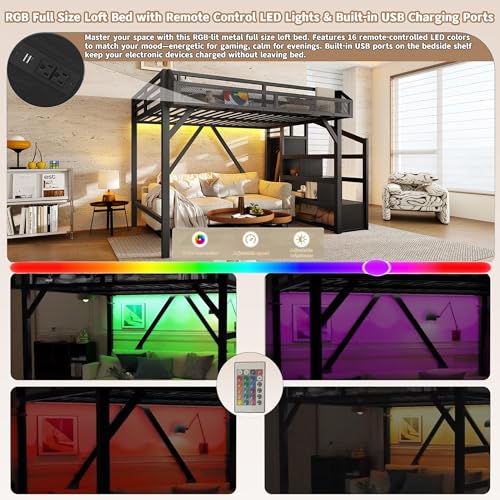 Bellemave Full Loft Beds with Storage Beside Shelves and Wardrobe, Metal Loft Bed with LED Lights and USB Ports, Heavy-Duty Loft Bed Frame for Teens, Adults, Noise-Free & Space-Saving, Black Bellemave