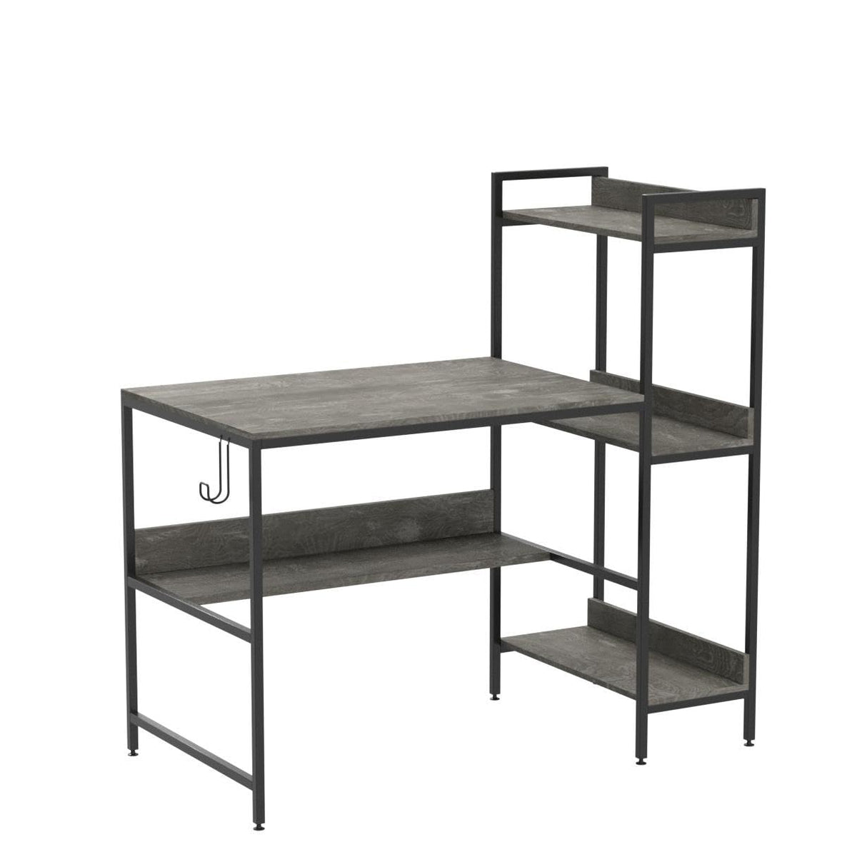 Bestier Computer Office Desk with Steel Frame, Reversible Book Shelves, Headphone Hook, Adjustable Feet, & Under Desk Storage, Grey Bestier
