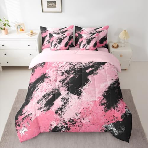 Feelyou Pink and Black Comforter Set with Sheets King Size Abstract Minimalist Bedding Set for Boys Girls Modern Geometric Bed in a Bag 7 Pieces Microfiber Feelyou