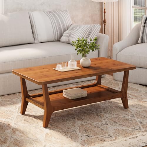 LITTLE TREE Solid Wood Coffee Table, 47-Inch Living Room Center Table with Shelf, 2-Tier, Smooth Corners, Child-Friendly, Easy Assembly, Brown LITTLE TREE