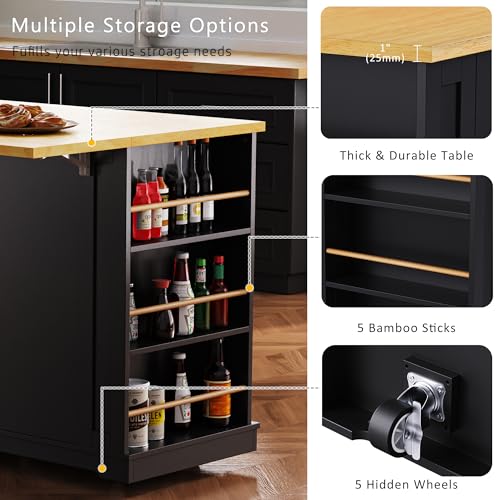 Merax 53" Kitchen Cart Island on Wheels with Power Outlet,Drop Leaf,3 Drawers and 5 Open Side Racks,Wood Frame Storage Cabinet Merax