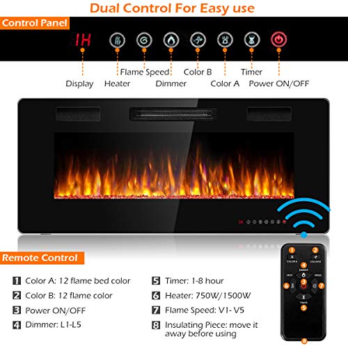 Tangkula 42 Inches Recessed Electric Fireplace, in-Wall & Wall Mounted Electric Heater with Adjustable Flame Color & Speed, Remote Control, Touch Screen, 750-1500W (42 Inches) Tangkula
