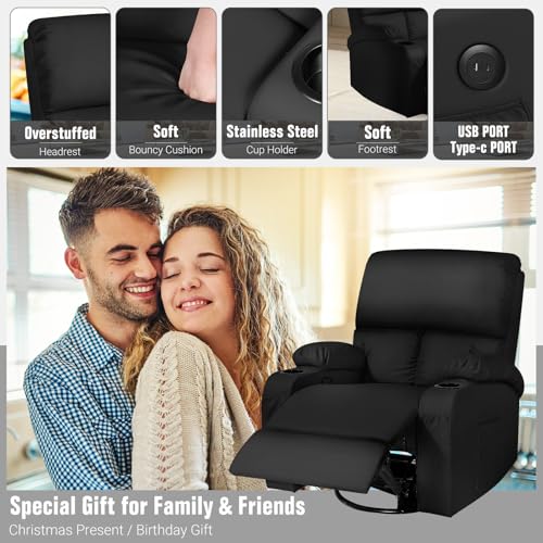LEVELEVE Rocking Recliner Chair, Massage Rocker Recliner Chair with Vibration Massage and Heat, USB and Type-C Ports,360° Swivel Faux Leather Chairs, Living Room, Bedroom, Nursery, RV, Black