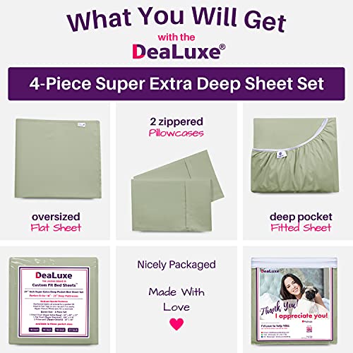 Deep Pocket Queen Sheet Sets – 21” Inch Extra Deep Pocket Queen Sheet Sets – 4 Piece Bedding Sheets & Pillowcases with Oversize Flat Sheet – 18”–23” Pillow Top Sheets for Queen Size Bed – Green Laurel DeaLuxe
