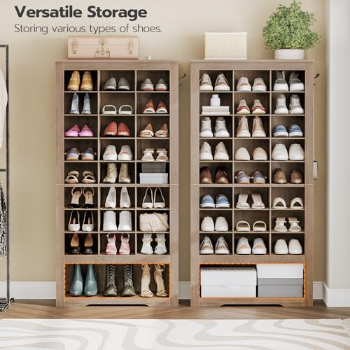 HOOBRO Tall Shoe Cabinet, 9 Tier Shoe Storage Cabinet, Freestanding Wooden Shoe Cabinet Organizer with 24 Cubbies and 3 Hooks, for Entryway, Closet, Living Room, Greige BG24SC01 HOOBRO