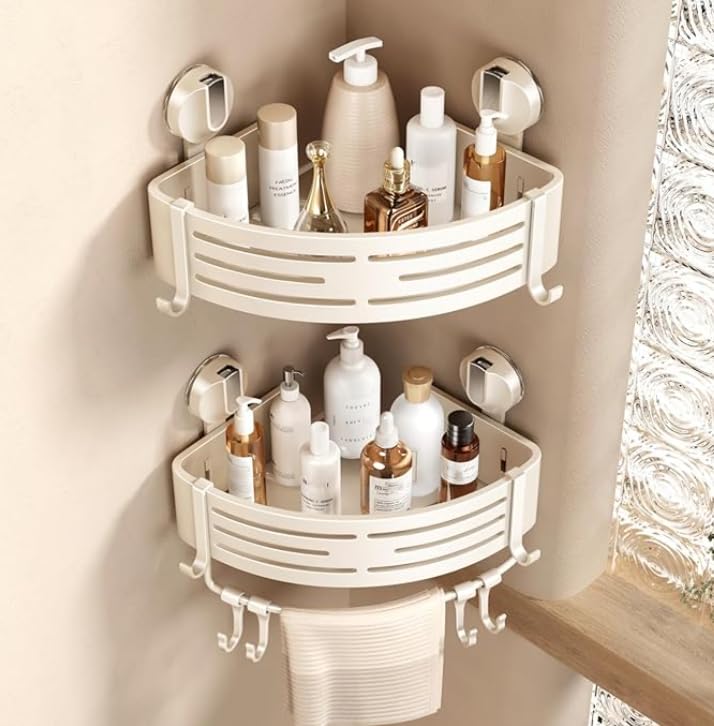 VOLPONE Corner Shower Caddy Suction Cup Shower Shelf Corner No Drilling Bathroom Shower Organizer Storage Rack Adhesive with Towel Bar Hooks(2-Pack, Ivory) VOLPONE