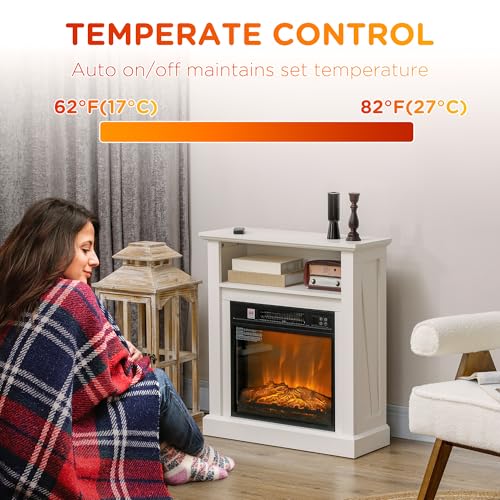 HOMCOM 27" Electric Fireplace with Mantel Surround, 1400W Replaceable Fireplace Insert Heater with Realistic Log and Flame Effect, Remote Control, Freestanding Fireplace Heater for Living Room, White HOMCOM
