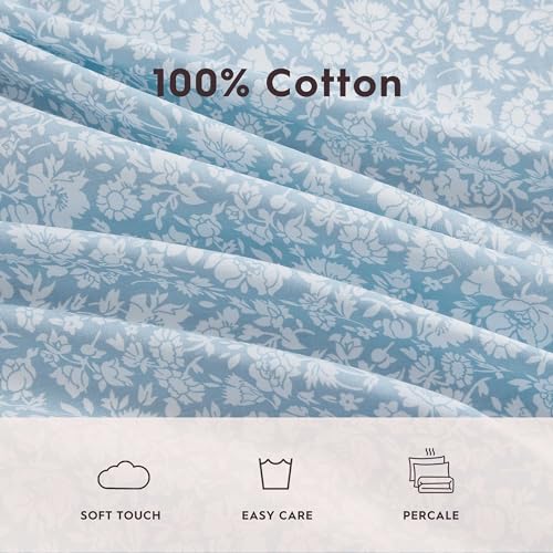 Laura Ashley - Queen Sheets, Cotton Percale Bedding Set, Lightweight & Breathable Home Decor (Heirloom Ditzy Blue, Queen) Laura Ashley
