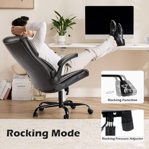 DUMOS Office Chair - Ergonomic Executive Computer Desk Chairs with Adjustable Flip-up Armrest, Swivel Task Chair with Lumbar Support, PU Leather, Brown DUMOS
