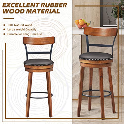 COSTWAY Bar Stools Set of 4, 360-Degree Swivel Stools with Leather Padded Seat, Single Slat Ladder Back & Solid Rubber Wood Legs, Bar Height Stools for Pub, Restaurant, Kitchen, Brown (4, 30.5) COSTWAY