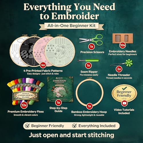 Moni Crafts - Embroidery Kit for Beginners Adults – Learn 41 Stitches with Complete Starter Kit, 4 Pre-Printed Patterns, Threads, Needles & Hoop – Hand Embroidery Kit with Video Tutorials