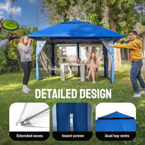 CROWN SHADES 13x13 Pop Up Gazebo, Canopy Tent, Gazebos on Clearance - Outdoor Gazebo for Backyard & Patio Furniture - Carpa Pop Up Tent with Wheeled STO-N-Go Cover Bag (Blue) CROWN SHADES