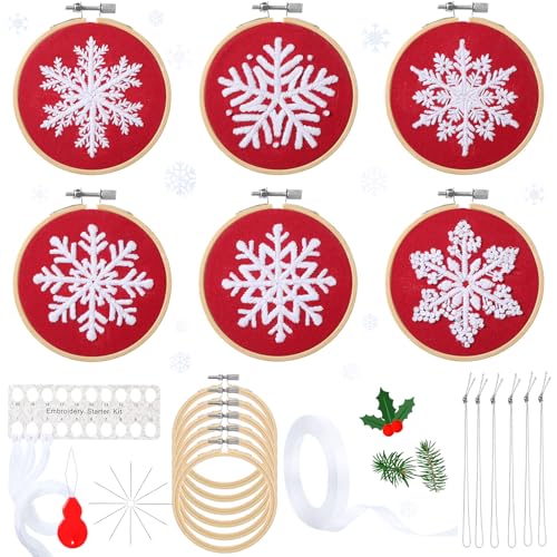 Roowest 6 Sets Winter Embroidery Kits for Beginners Adults Winter Snowflakes Cross Stitch Embroidery Ornament Kit DIY Craft Needlepoint Sets with Pattern Instructions Thread Needle Ribbon(Red)