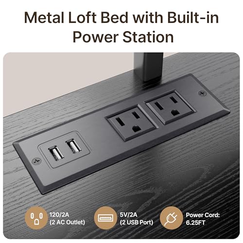 Gizoon Twin Loft Bed with Desk, Metal Loft Bed Frame with LED Lights & Charging Station, Storage Shelf, Pull-Out Keyboard, Ladder and Safety Guardrail, Space-Saving, No Box Spring Needed, Black Gizoon