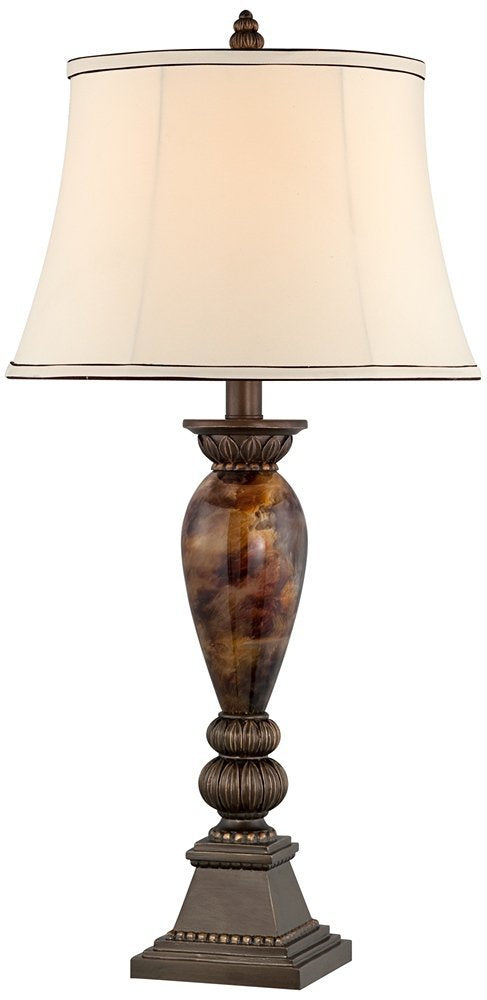 kathy ireland Mulholland Traditional Vintage Table Lamp 33" Tall Aged Bronze Golden Faux Marble Off White Bell Shade for Living Room Bedroom House Bedside Nightstand Home Office Entryway kathy ireland