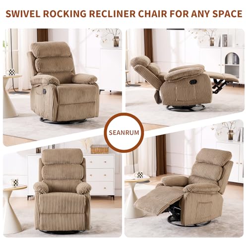 Velvet Upholstered Glider Recliner Chair – 360° Swivel Rocker Chair for Adults, Small Rocking Chair for Small Spaces, Soft Fabric Recliner Chair with Side Pockets, Comfortable Nursery Chair,Brwon