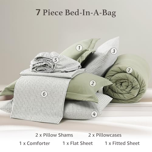 Monbix Full Size Comforter Set - 7 Pieces Green Prewashed Bed in a Bag Full Bedding Sets with Comforters, All Seasons Ultra Soft Comforter Bed Set with Sheets,Pillowcases & Shams Monbix