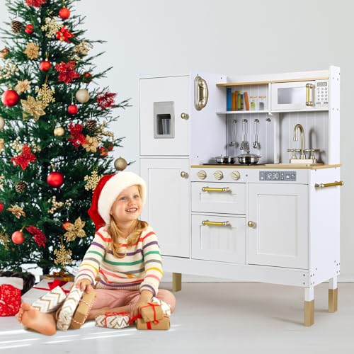 Arlopu Play Kitchen for Kids, Pretend Preschool Kitchen Sets, Wooden Cooking Playset w/Realistic Light & Sound, Telephone, Stove, Fridge, Microwave, Removable Sink, Water Dispenser (White) Arlopu