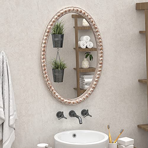 COZAYH Distressed Wood Frame Accent Mirror, Rustic Farmhouse Style Decorative Wall Mirror (Oval) COZAYH