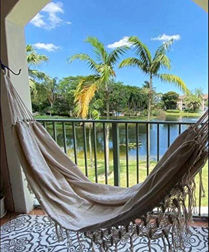 Hammock Brazilian Double Hammocks Soft Comfortable Fabric Cotton Canvas Hanging Portable Two Person Hammock Boho Fringe Large for Adults Backyard Travel KEREITH