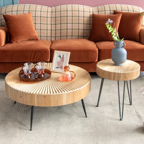 LONYKE 2-Piece Modern Farmhouse Living Room Coffee Table Set, Nesting Table Round with Handcrafted Wood Radial Pattern LONYKE