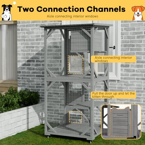 OFIKA Outdoor Catio Cat Enclosure with Waterproof Roof,Platforms,Upgraded Resting Box, 70.4’’cat Houses & Condos on Wheels for Outdoor Patio,Cat Window Box,Scratching Post(Grey0) OFIKA