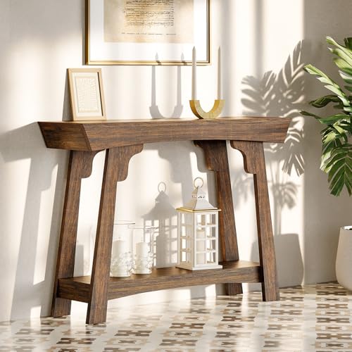 LITTLE TREE 2-Tier Wood Console Table Behind Couch, Small Entryway Table with Storage, Farmhouse Narrow Sofa Table for Hallway, Living Room, Rustic Brown LITTLE TREE