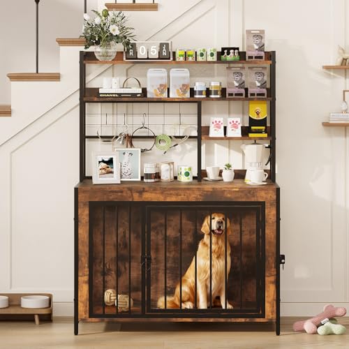 Halitaa 38.6" Dog Crate Furniture with Storage Shelves, Double Doors, Heavy Duty Dog Kennel Furniture for Large/Medium/Small Dogs, Wooden Dog Cage Pet House with Hooks, Rustic Brown Halitaa