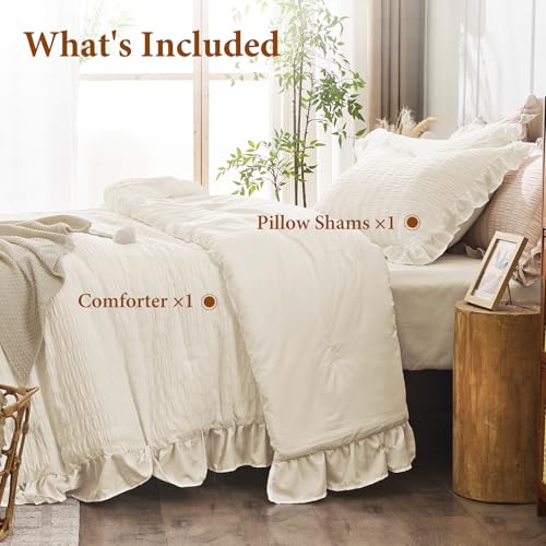 JOLLYVOGUE Ivory Twin Size Comforter Set, 2 Pieces Seersucker Lightweight Fluffy Bedding Set, Twin Ruffle Comforter, All Season Soft Microfiber Shabby Chic Bed Set JOLLYVOGUE