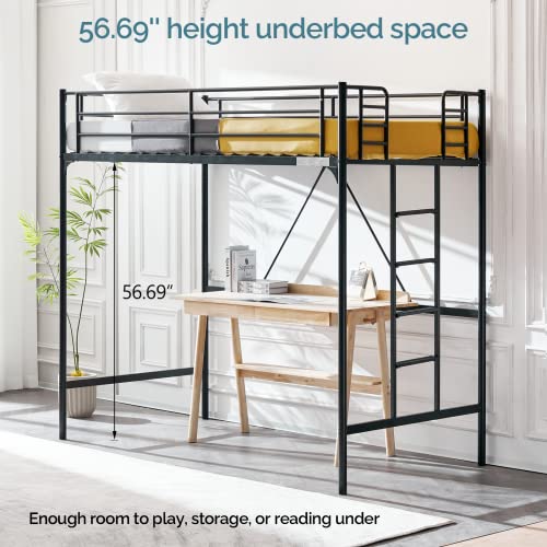 Bonnlo Metal Loft Bed with Stairs and Flat Rung, Junior Bed Full Size High Loft Bed for Kids/Teens/Adults, No Box Spring Required, Black Bonnlo