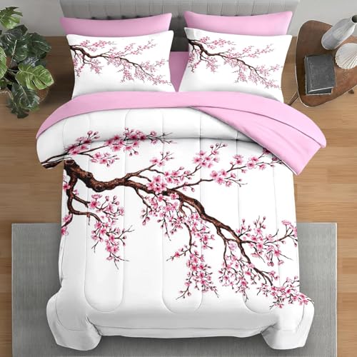 Pamnest Comforter Set King Size, Japanese Cherry Blossom 7 Pcs Bedding for Kids and Adults, Flower Painting Pink Bed Sheet Sets with Fitted Sheet 2 Pillowcase & 2 Sham for Bedroom Bed Decor Pamnest