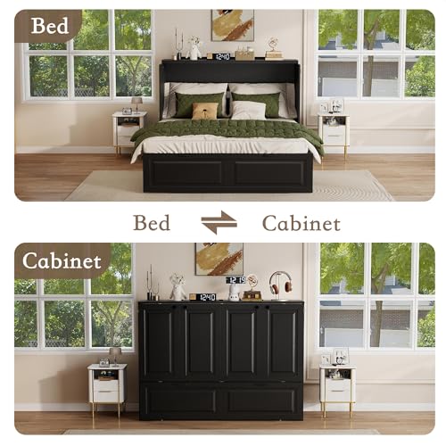Swyanste Full Size Murphy Bed Cabinet: Black Horizontal Murphy Beds with Storage, Hidden Cabinet Bed Full for Small Spaces, 2 in 1 Murphy's Beds with Charging Station(Black) Swyanste