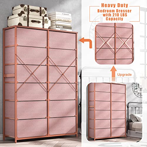 EnHomee Dresser with 12 Drawers, Tall Dressers for Girls Bedroom with Wood Top Metal Frame, Chest of Drawers for Bedroom, Closets, Pink, 11.9" D x 34.8" W x 52.2" H EnHomee